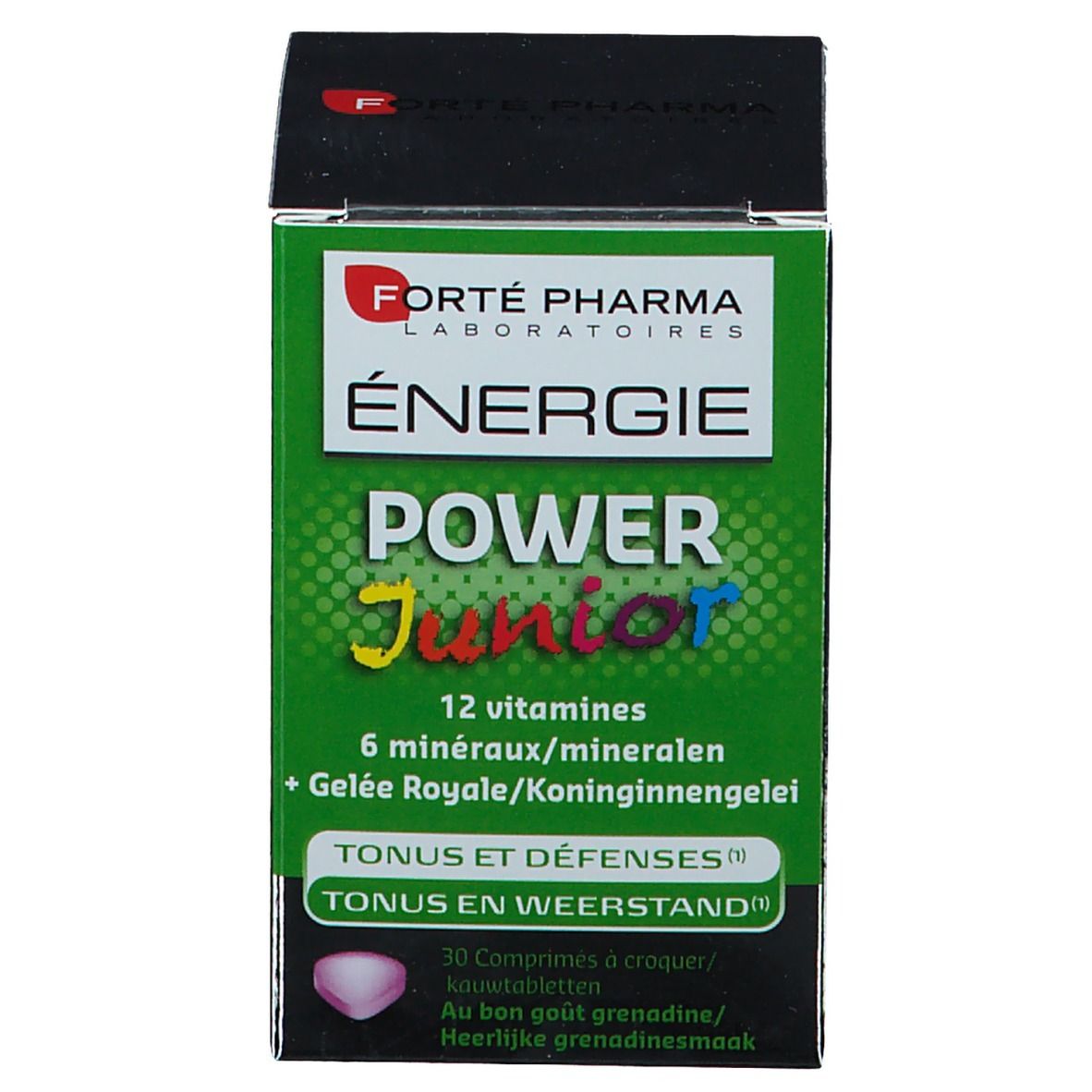 Emballage du produit. Texte: Energie Power Junior, 12 vitamines, 6 minéraux, Gelée Royale. 30 comprimés à croquer.