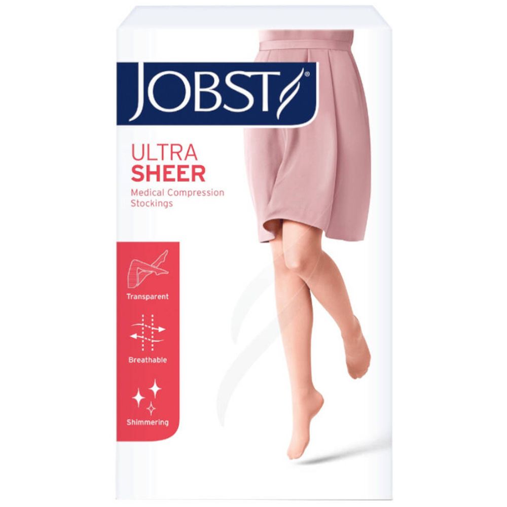 Jobst UltraSheer bas de compression. Emballage avec image du produit. Transparent, respirant, scintillant. Bas de compression médicale.