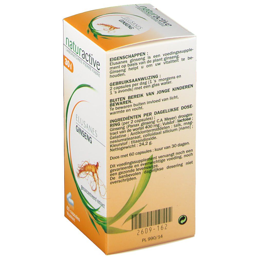 Dos de l'emballage Elusanes Ginseng. Texte en néerlandais. Informations sur les ingrédients et l'utilisation.