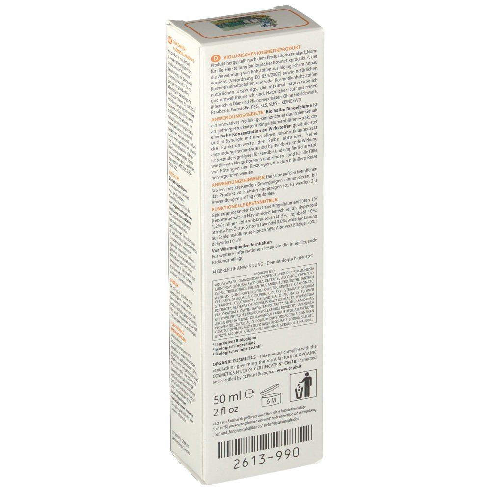 Dos de la boîte "Calendula Bio Pomata". Texte en allemand. Indication de volume : 50 ml.