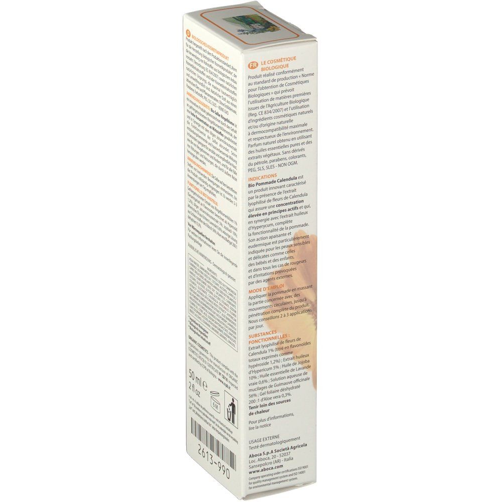 Côté de la boîte "Calendula Bio Pomata". Texte en français. Indication de volume : 50 ml.