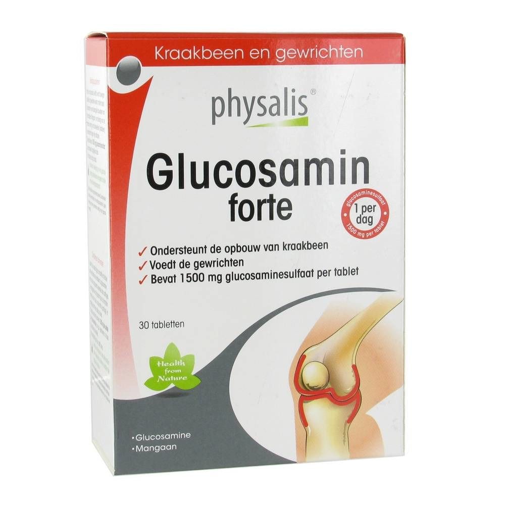 Boîte de "Glucosamin forte" de physalis. Contient 30 comprimés. Inscription : "1 per dag".