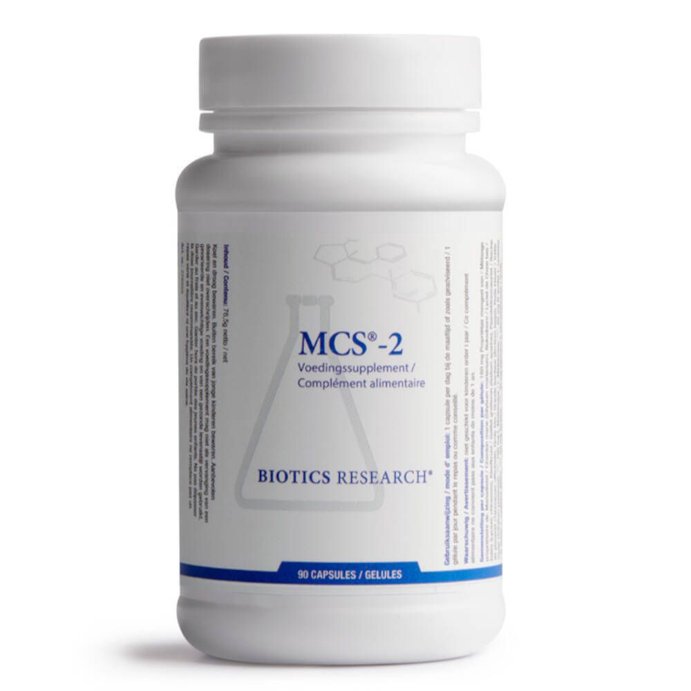 Flacon blanc MCS-2 Biotics. Inscription: Voedingssupplement/Complément alimentaire. 90 gélules. Marque: Biotics Research.