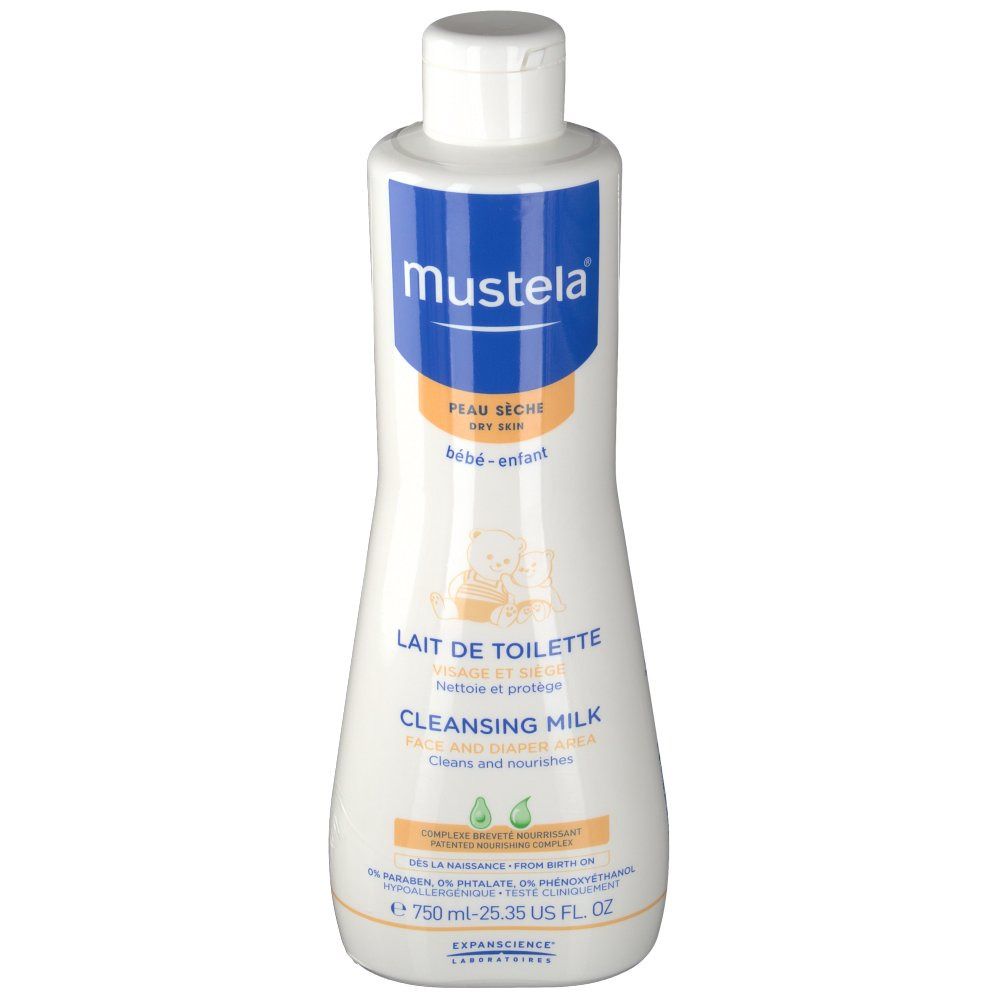 Flacon blanc avec étiquette bleue et orange. Inscription: mustela, Lait de Toilette, Cleansing Milk. Contient 750 ml.
