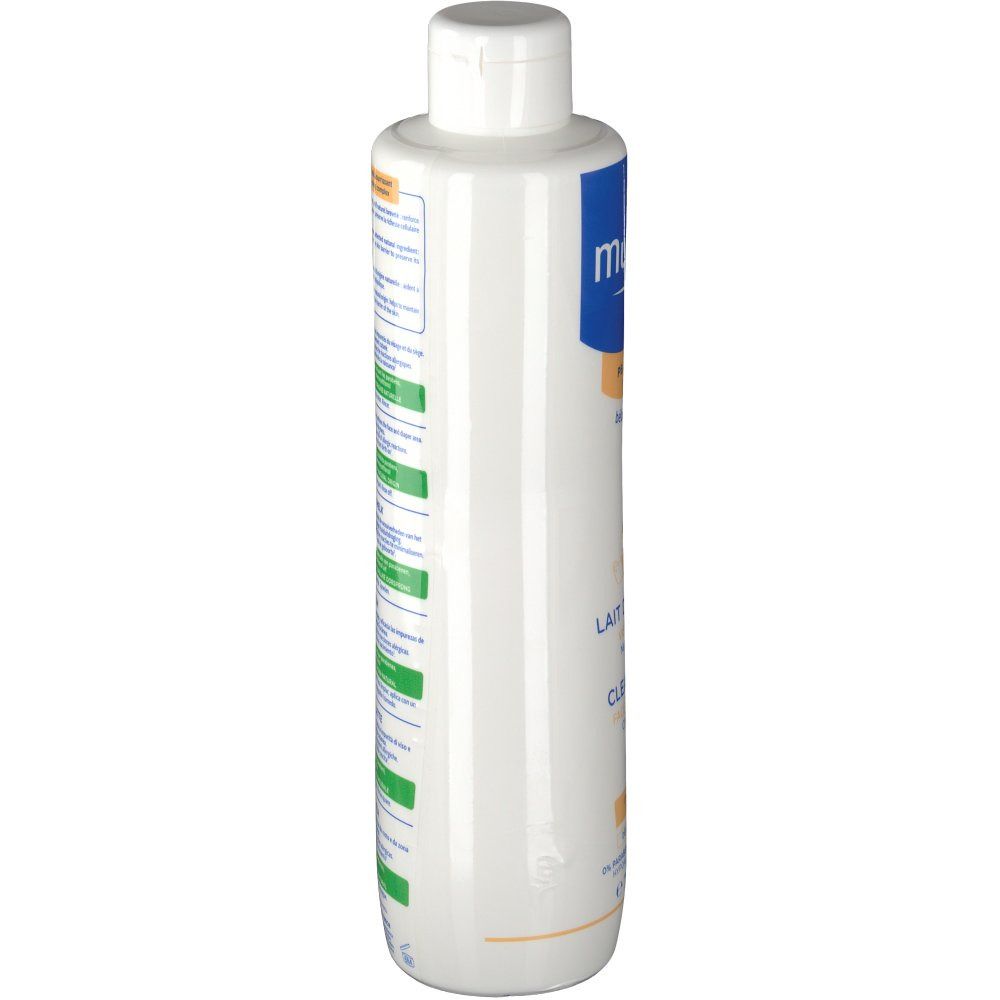 Flacon blanc avec étiquette bleue et orange. Texte en plusieurs langues. Contient des informations sur le produit.