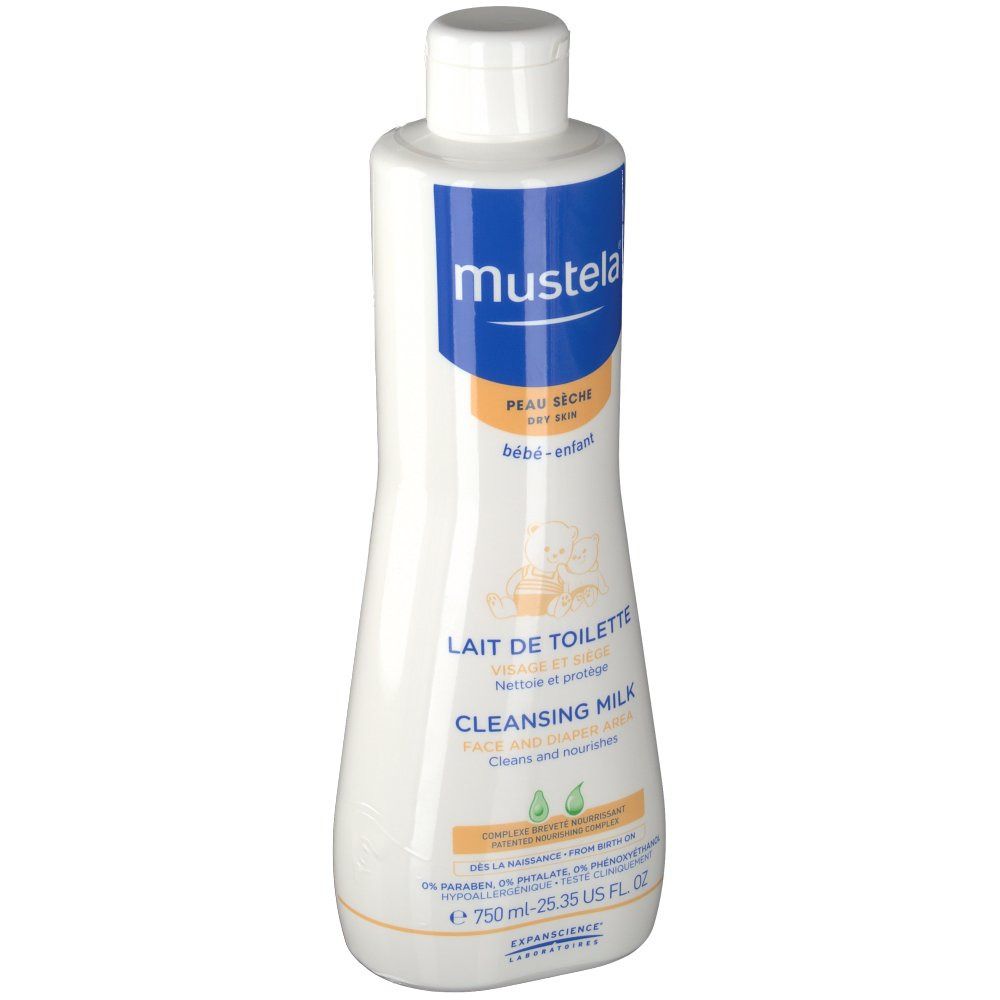 Flacon blanc avec étiquette bleue et orange. Inscription: mustela, Lait de Toilette, Cleansing Milk. Contient 750 ml.