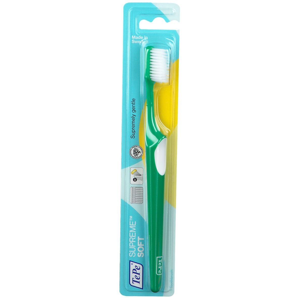 Brosse à dents TePe SUPREME SOFT, emballage blister. Manche vert, tête blanche. Texte: SUPREME SOFT.