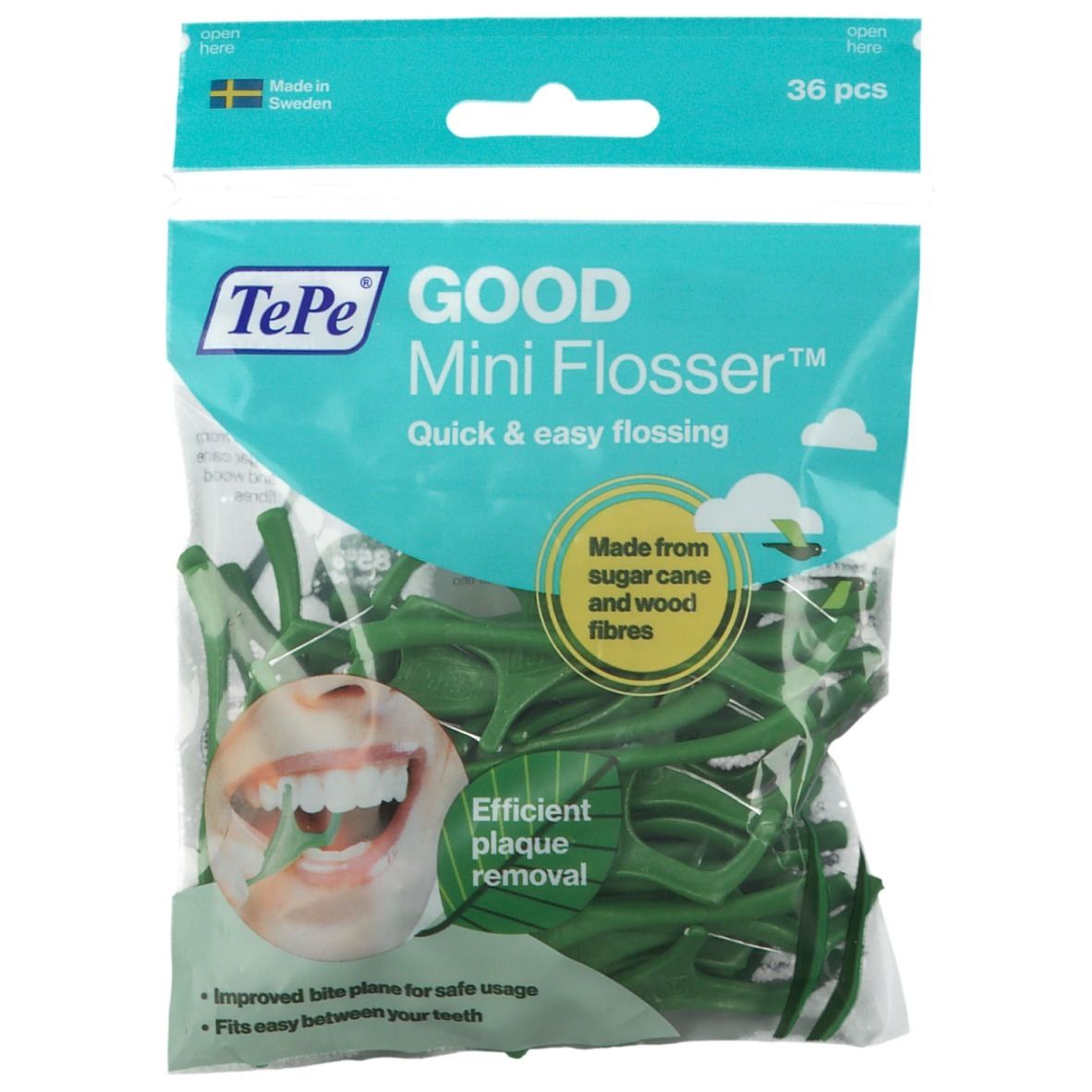 Paquet de TePe Mini Flosser verts. 36 pièces. Inscription "GOOD Mini Flosser". Illustration d'une bouche.