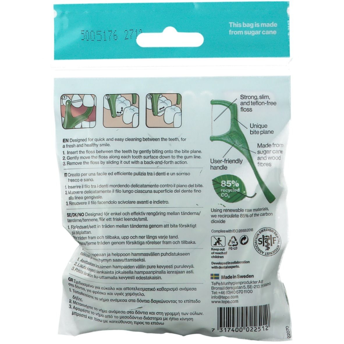 Dos du paquet. Illustrations d'utilisation. Texte en anglais, allemand, italien, suédois et grec. Sceaux.