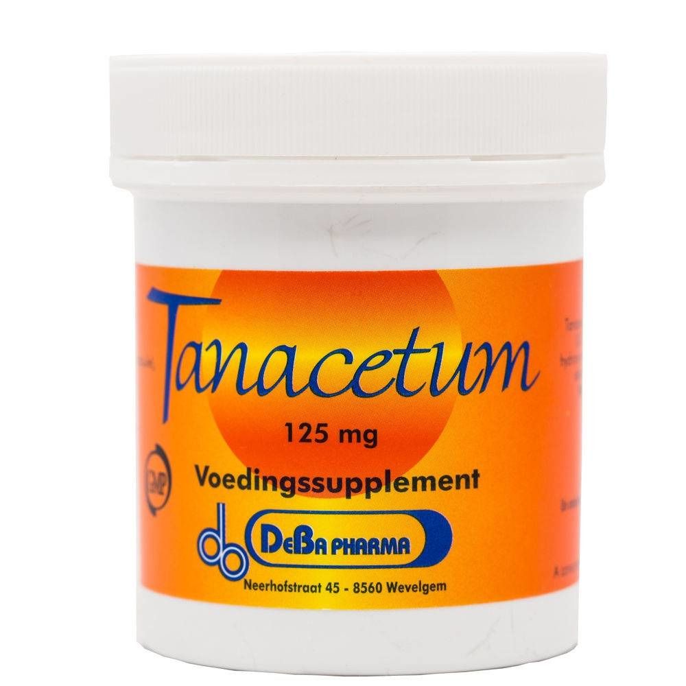 Pot blanc avec bande orange. Inscription: Tanacetum 125 mg, Voedingssupplement, DeBa Pharma.