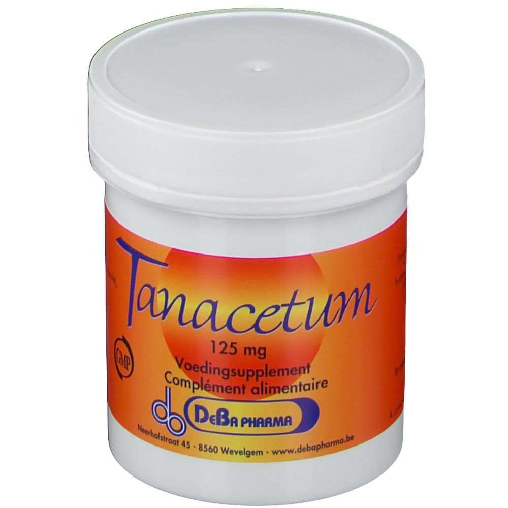 Pot blanc avec bande orange. Inscription: Tanacetum 125 mg, Voedingssupplement, Complement alimentaire, DeBa Pharma.