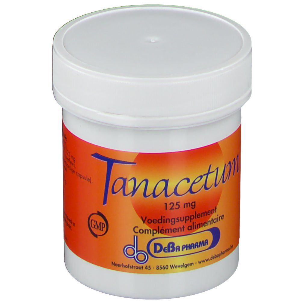 Pot blanc avec bande orange. Inscription: Tanacetum 125 mg, Voedingssupplement, Complement alimentaire, DeBa Pharma.