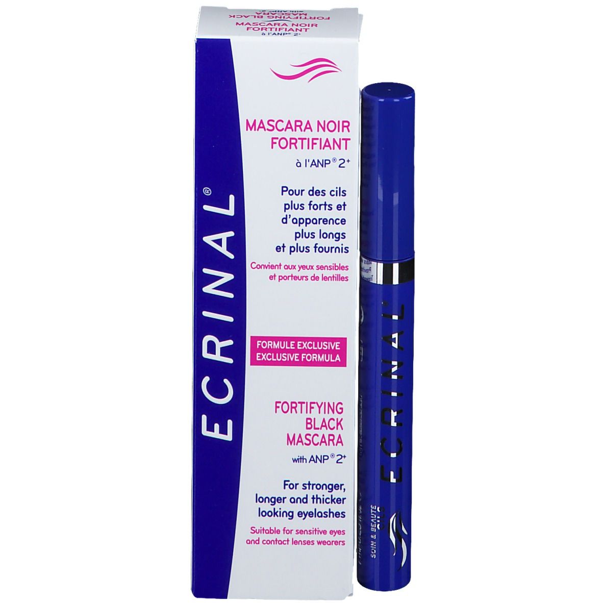 Mascara bleu et emballage. Emballage avec nom et description du produit. Mascara noir.