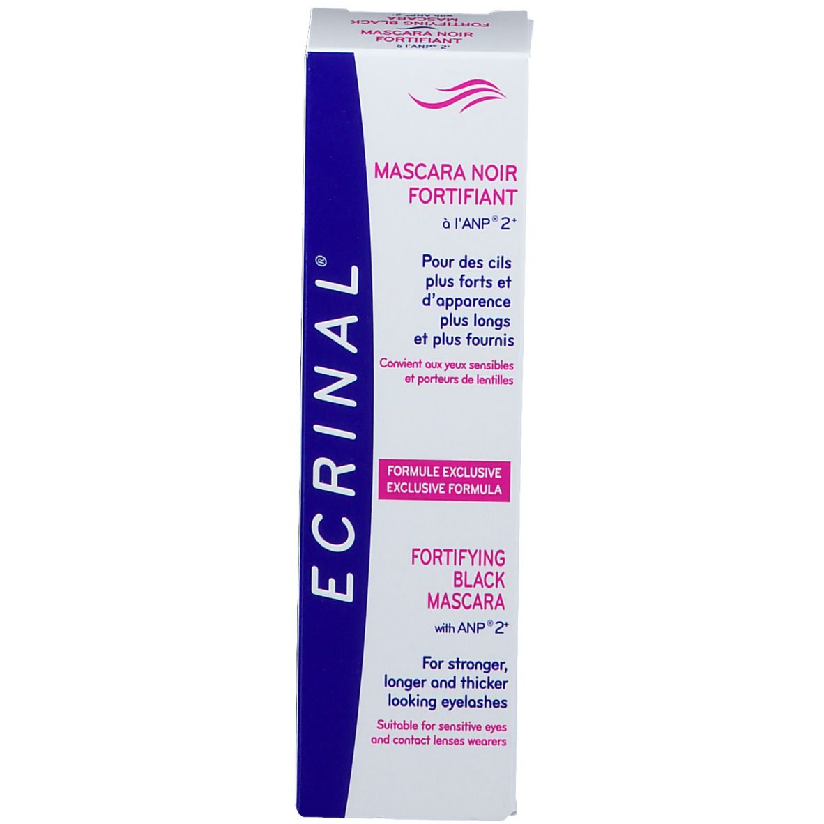 Emballage avec nom et description du produit. Mascara noir. Logo ECRINAL et informations.