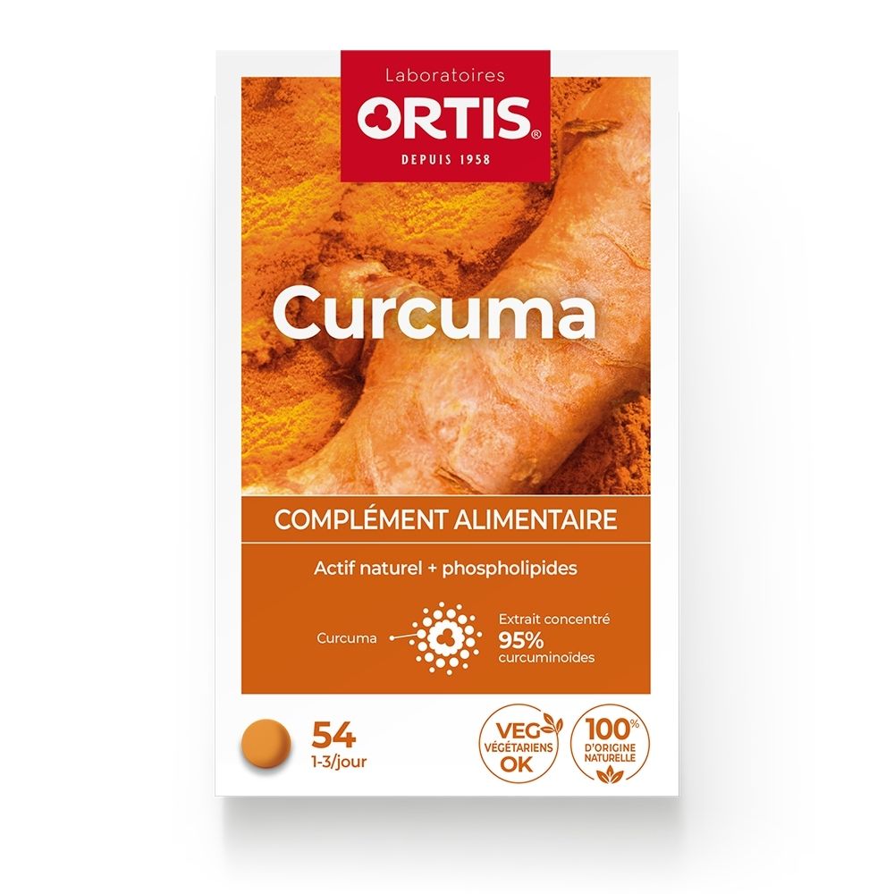 Boîte Ortis Curcuma complément alimentaire avec racine et poudre de curcuma. Contient 54 comprimés.