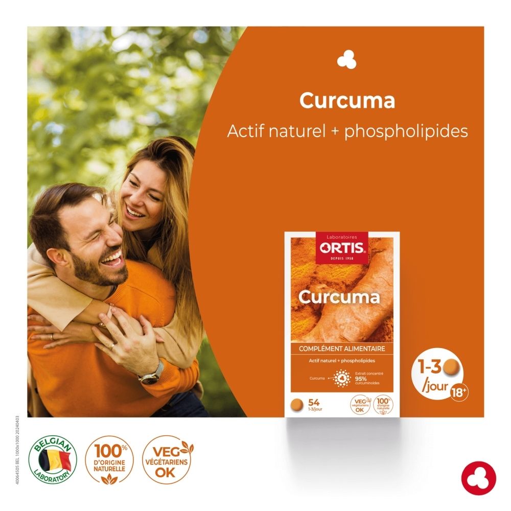 Boîte de complément alimentaire Ortis Curcuma avec image de racine de curcuma.
