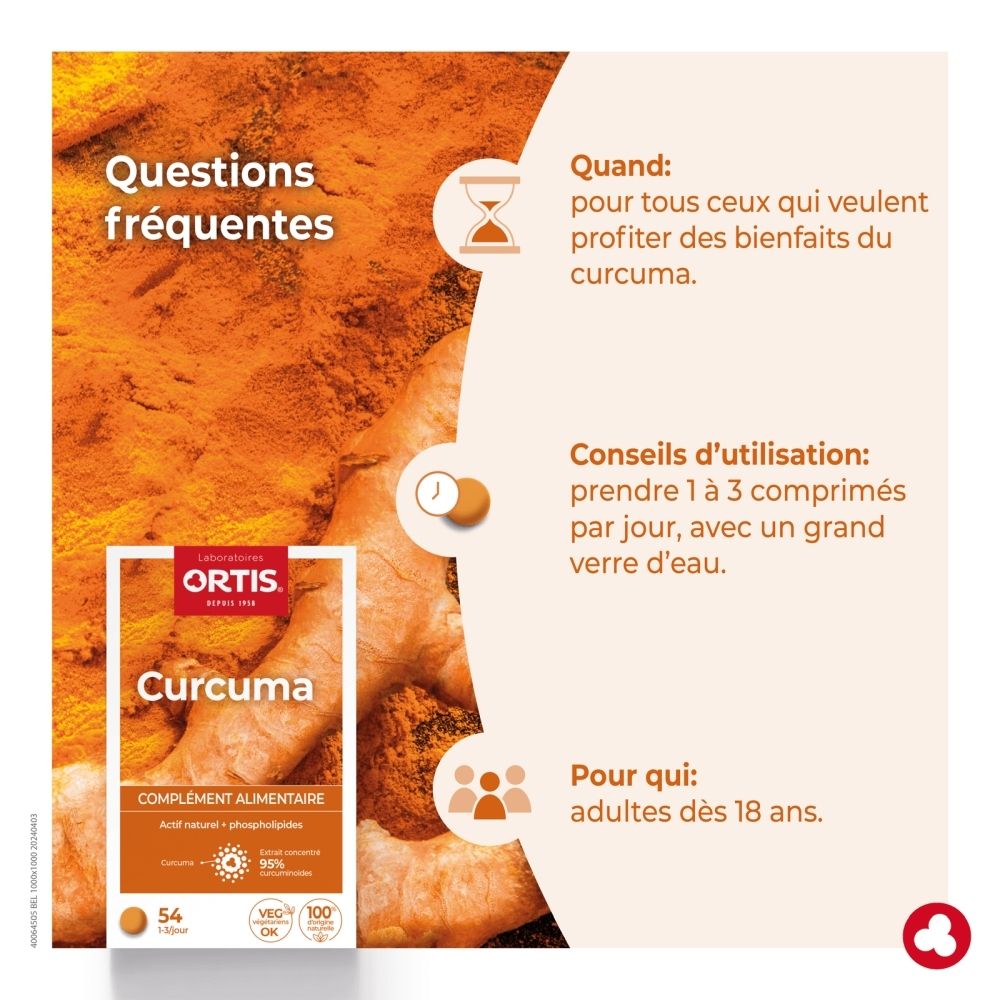 Boîte Ortis Curcuma complément alimentaire avec racine et poudre de curcuma. Contient 54 comprimés.