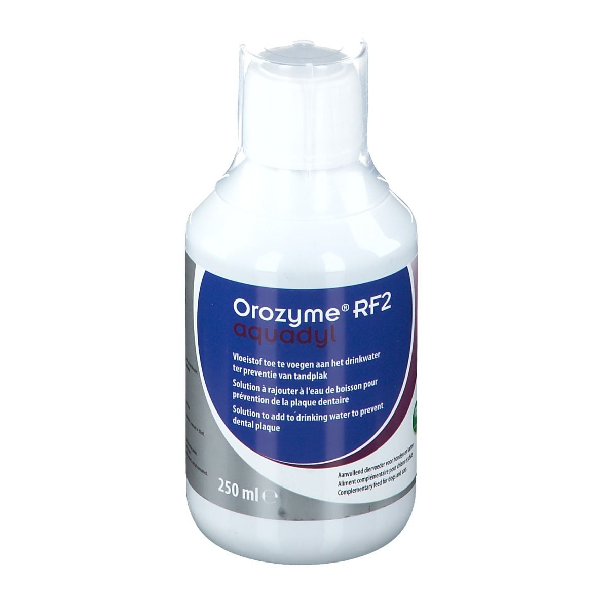 Flacon blanc avec étiquette bleue. Inscription: Orozyme® RF2 aquadyl. 250 ml.