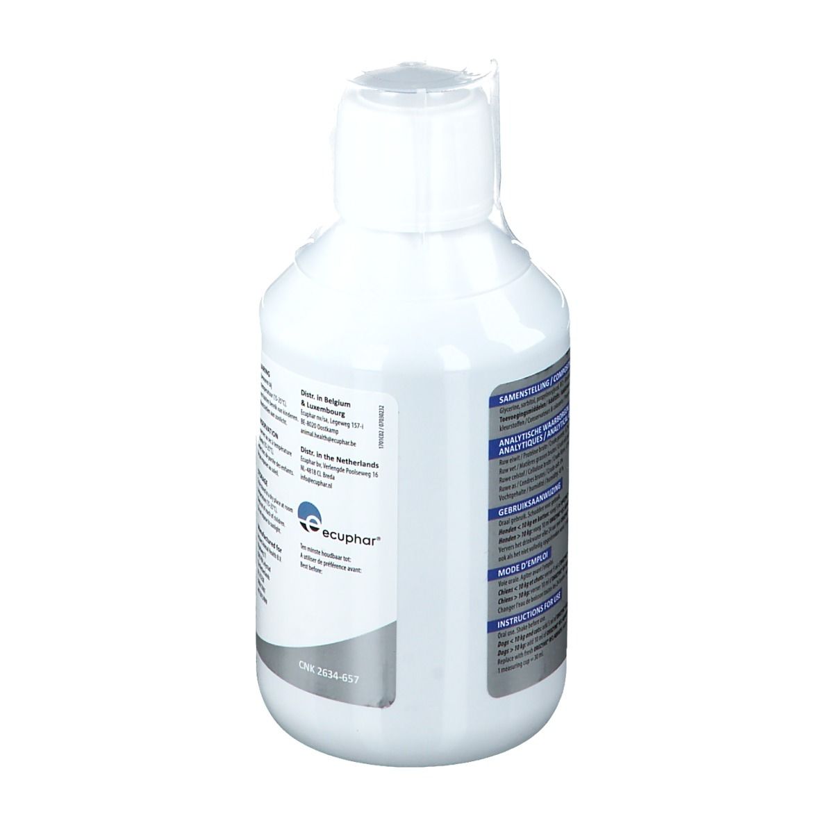 Flacon blanc avec étiquette. Informations sur le fabricant et les ingrédients.