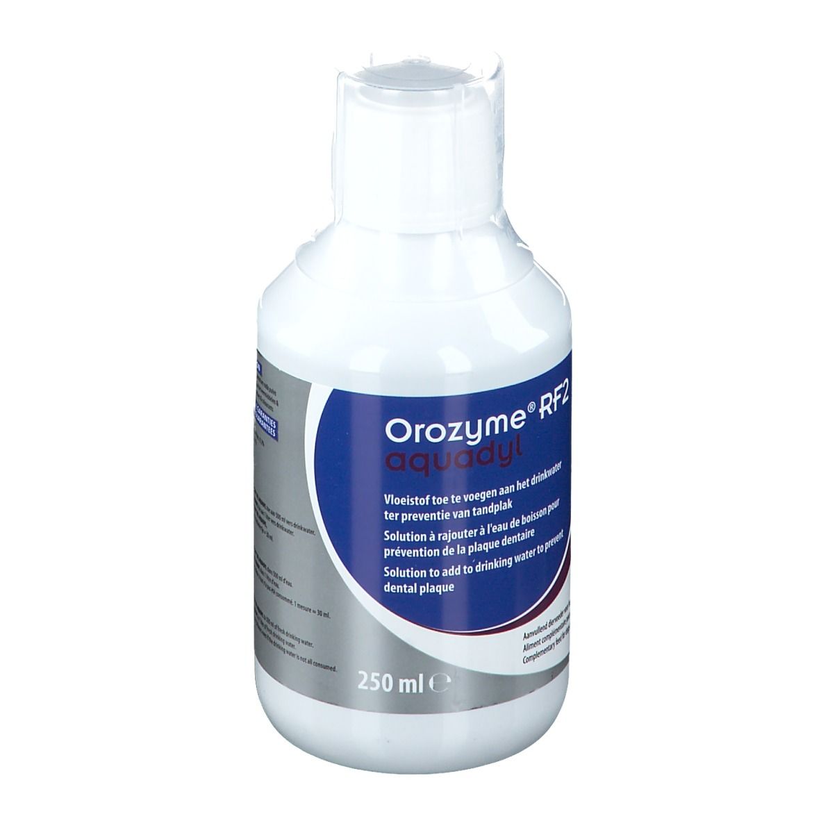 Flacon blanc avec étiquette bleue. Inscription: Orozyme® RF2 aquadyl. 250 ml.