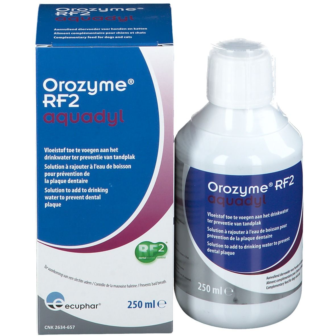 Flacon blanc et boîte. Inscription: Orozyme® RF2 aquadyl. 250 ml. Logo Ecuphar.
