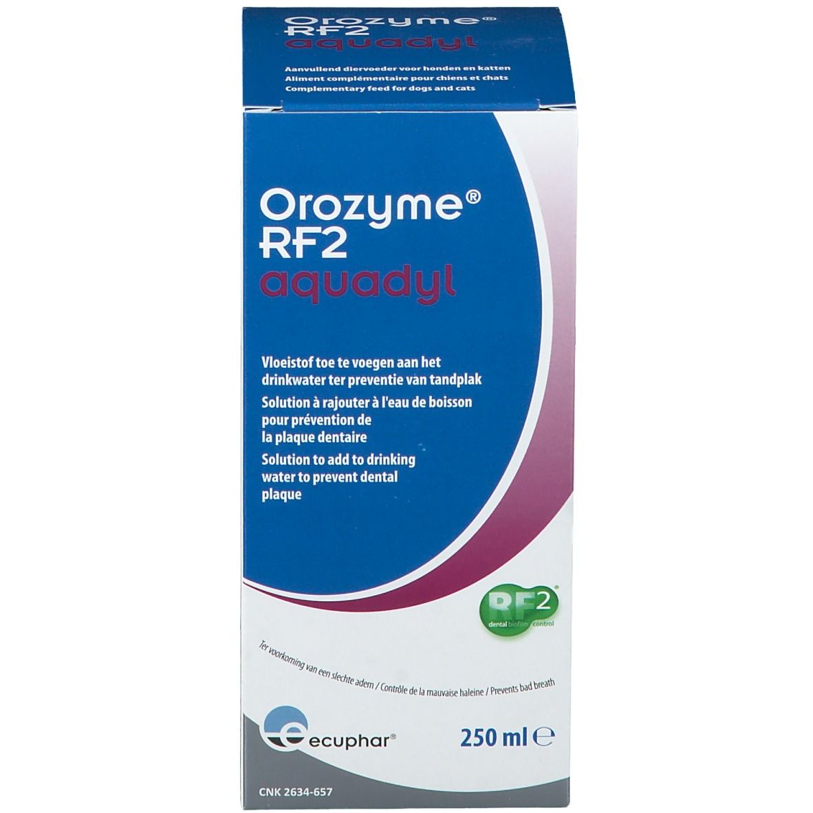 Boîte avec inscription: Orozyme® RF2 aquadyl. Logo Ecuphar. 250 ml.