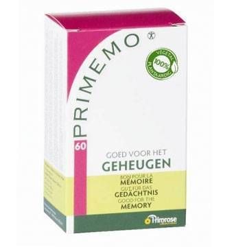 Boîte Primemo, 60 capsules. Design vert et blanc avec accents roses. Inscription : 'BON POUR LA MÉMOIRE'.