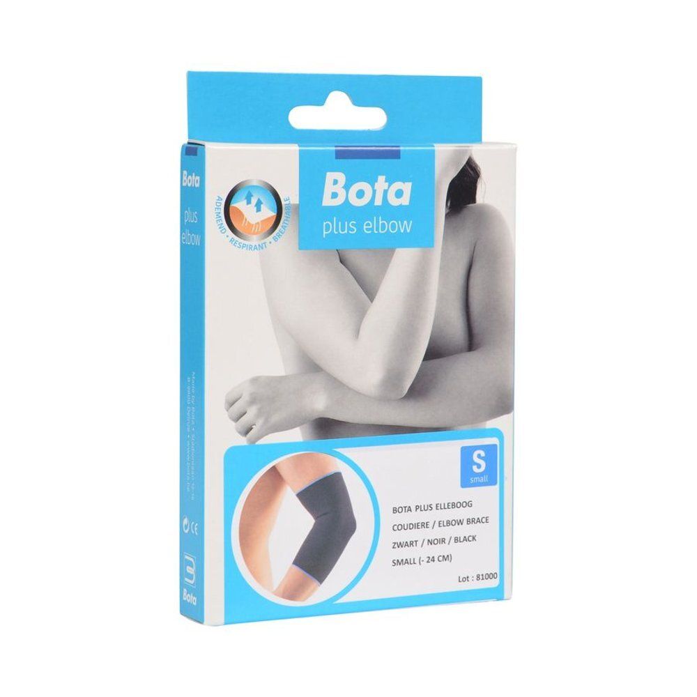 Bota plus elbow, coudière noire, taille S. Emballage avec illustration du produit et indication de taille.