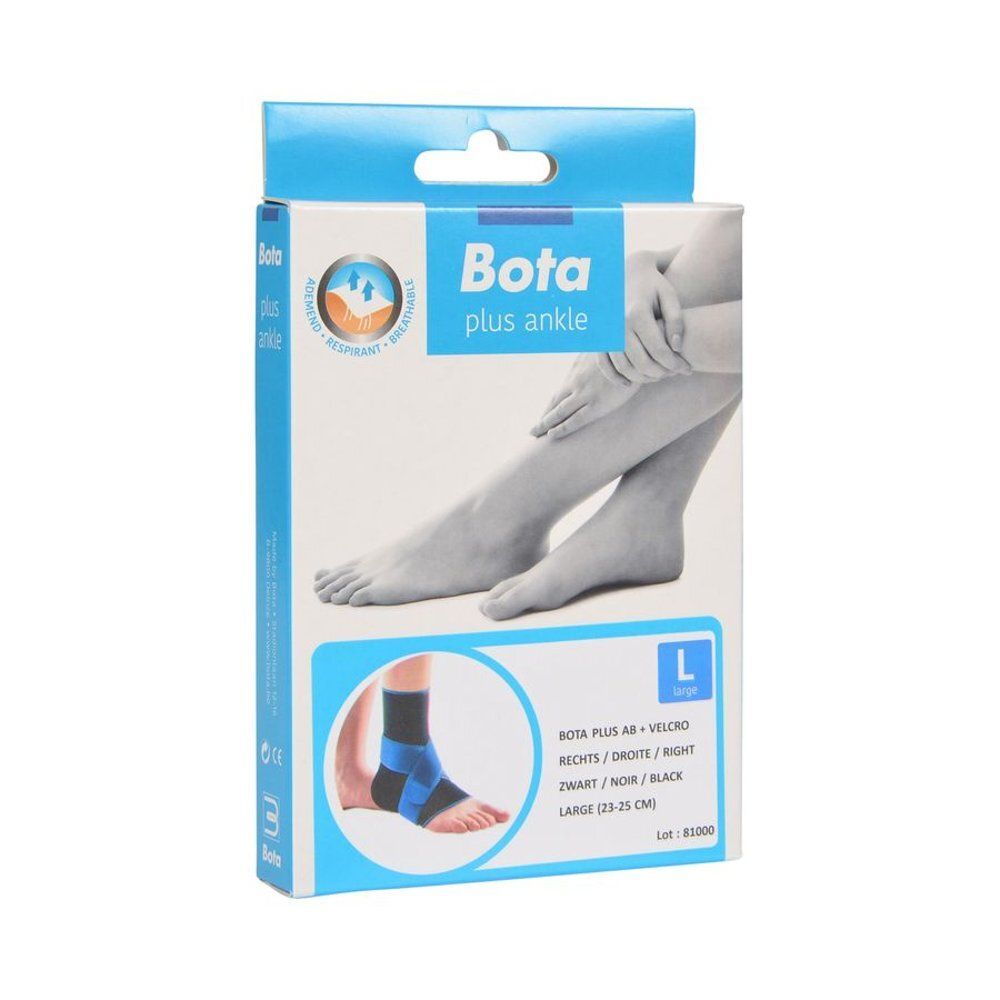 Boîte Bota Plus cheville + Velcro. Grand modèle, noir/bleu. Image d'un pied avec attelle. Taille L.