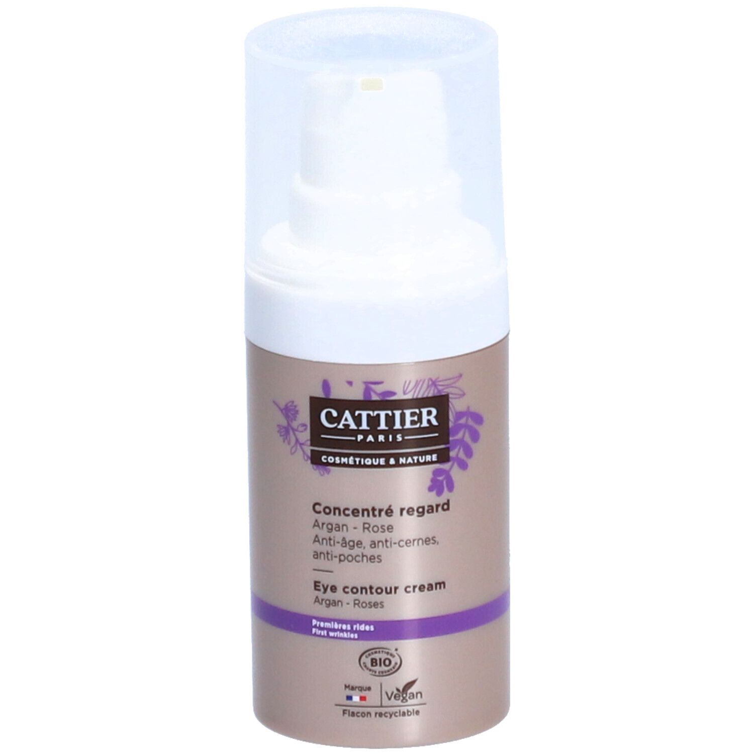 Cattier Concentré Regard. Flacon marron avec pompe blanche. Bande violette et texte. Certification Bio et logo Vegan.
