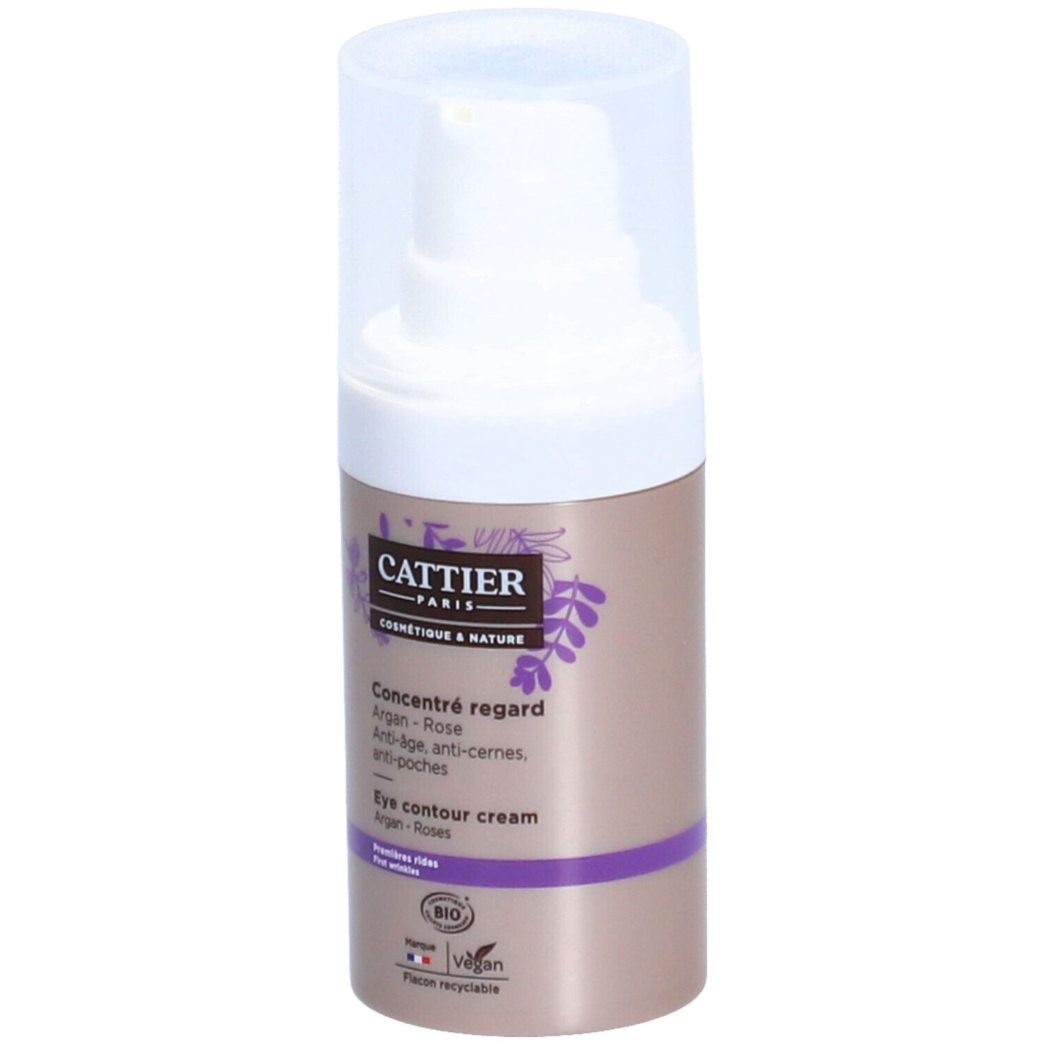 Cattier Concentré Regard. Flacon marron avec pompe blanche. Bande violette et texte. Certification Bio et logo Vegan.