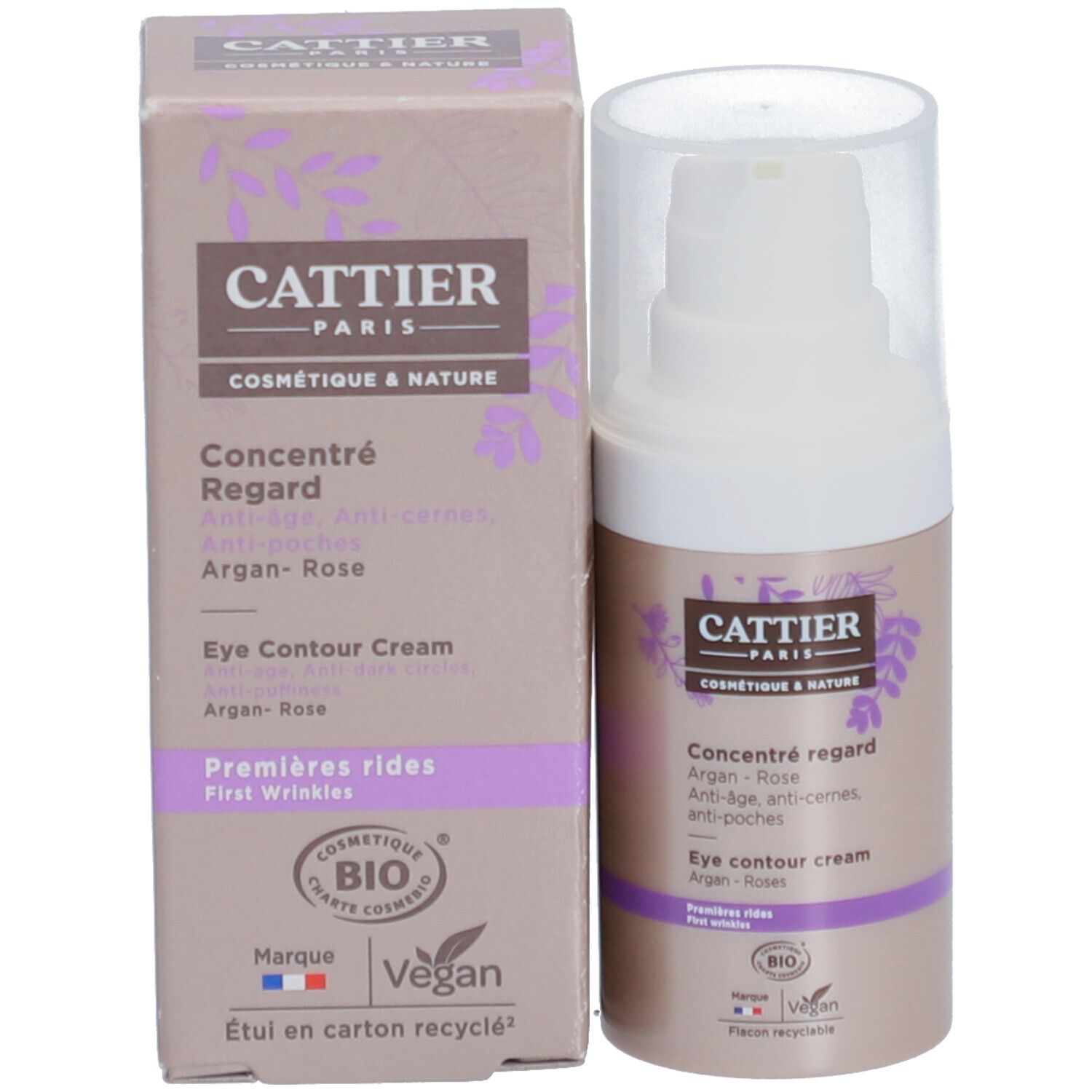 Cattier Concentré Regard. Produit et emballage. Flacon marron et boîte. Certification Bio et logo Vegan.