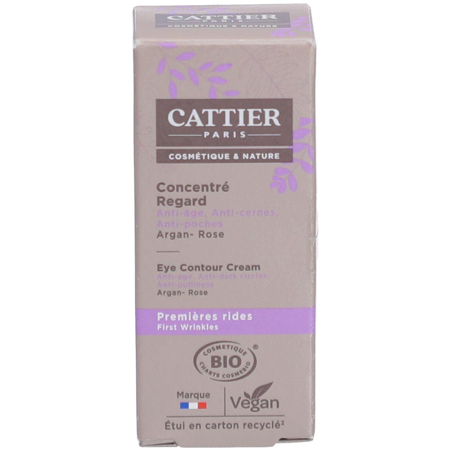 Cattier Concentré Regard. Emballage carton. Texte et logo. Certification Bio et logo Vegan. Mention recyclage.