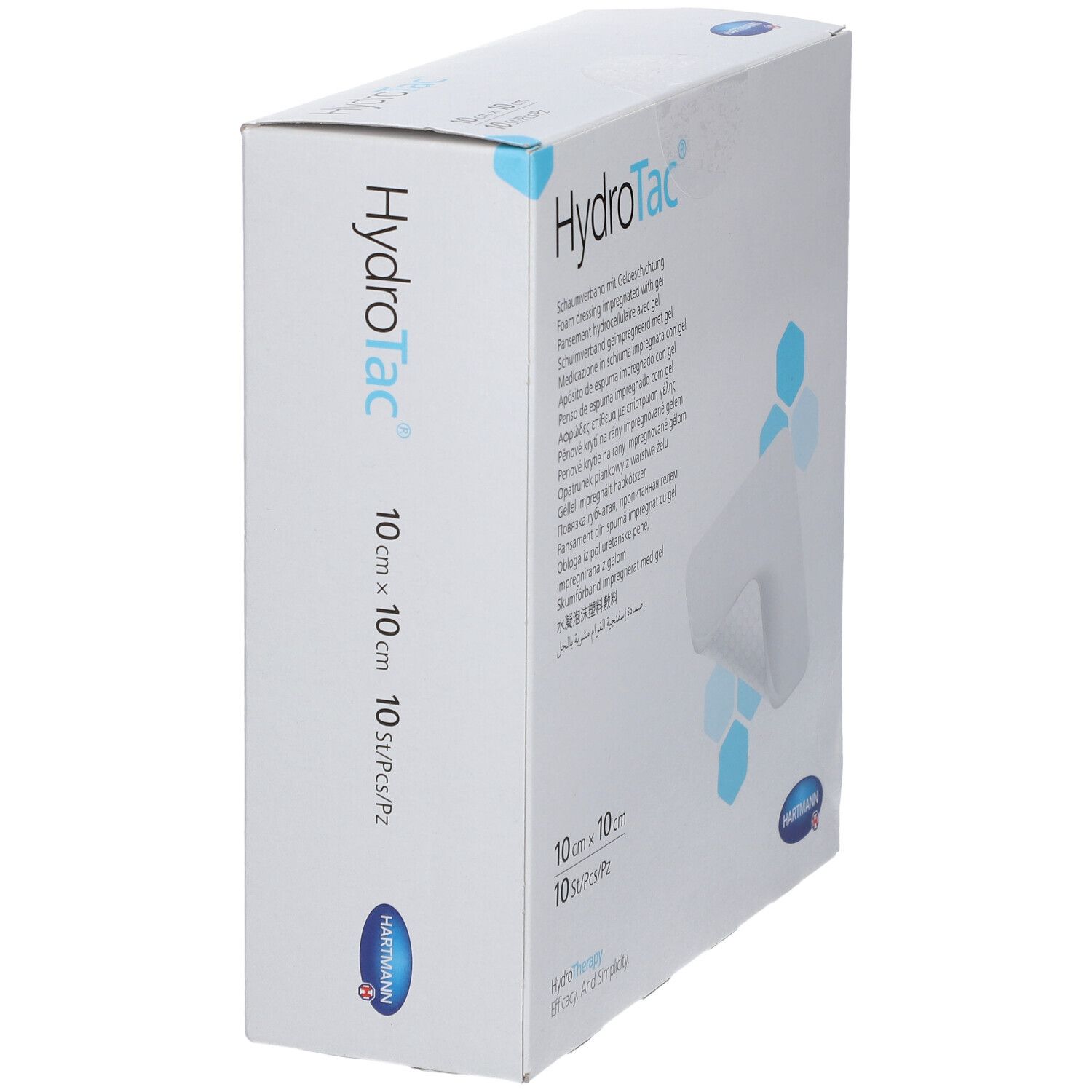 Boîte HydroTac en biais. Dimensions 10x10cm, 10 unités. Logo Hartmann. Nom et description du produit en plusieurs langues.