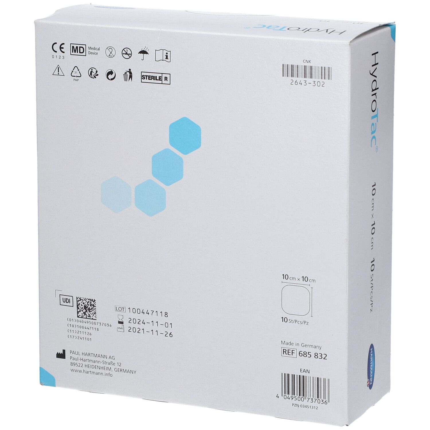 Dos de la boîte HydroTac. Contient des informations telles que le numéro de lot, la date d'expiration, le fabricant et les certifications.