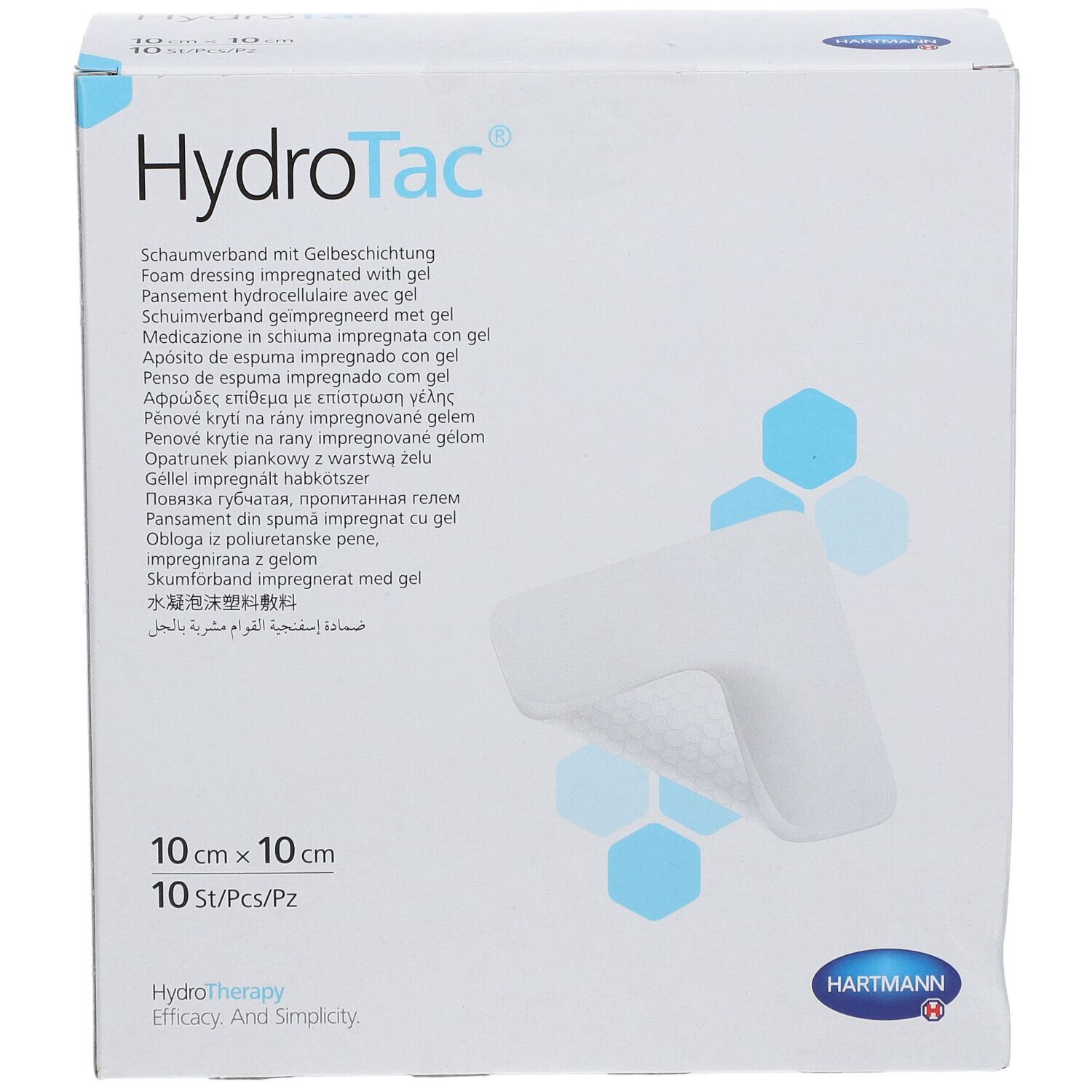 Face avant de la boîte HydroTac. Nom du produit, description, taille 10x10cm, 10 unités. Logo Hartmann.