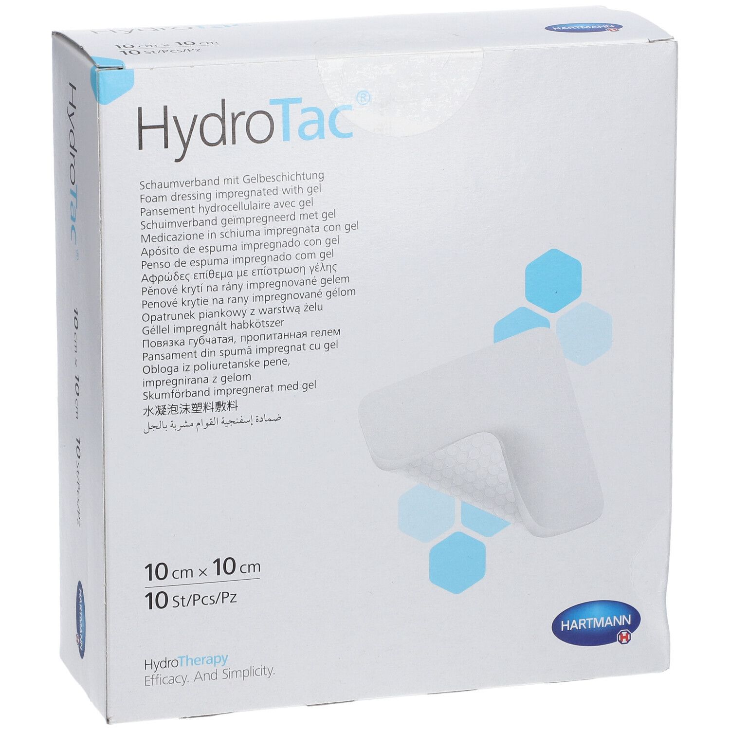 Face avant de la boîte HydroTac. Nom du produit, description, taille 10x10cm, 10 unités. Logo Hartmann.