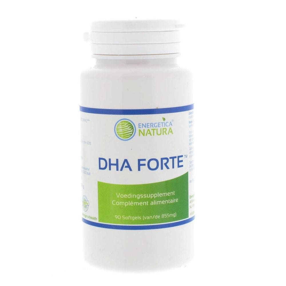 Flacon blanc avec étiquette DHA FORTE. Contient 90 gélules. Marque : Energetica Natura.