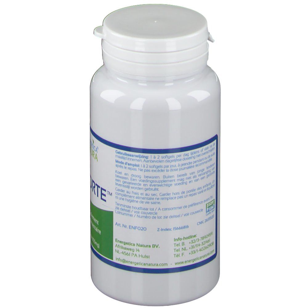 Vue arrière d'un flacon blanc. Texte multilingue. Marque : Energetica Natura.