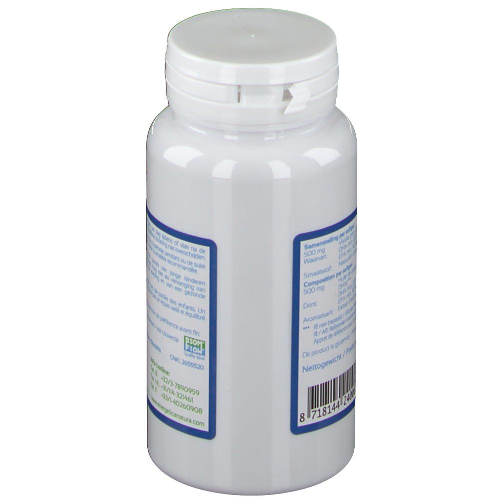 Vue latérale d'un flacon blanc. Texte multilingue. Marque : Energetica Natura.