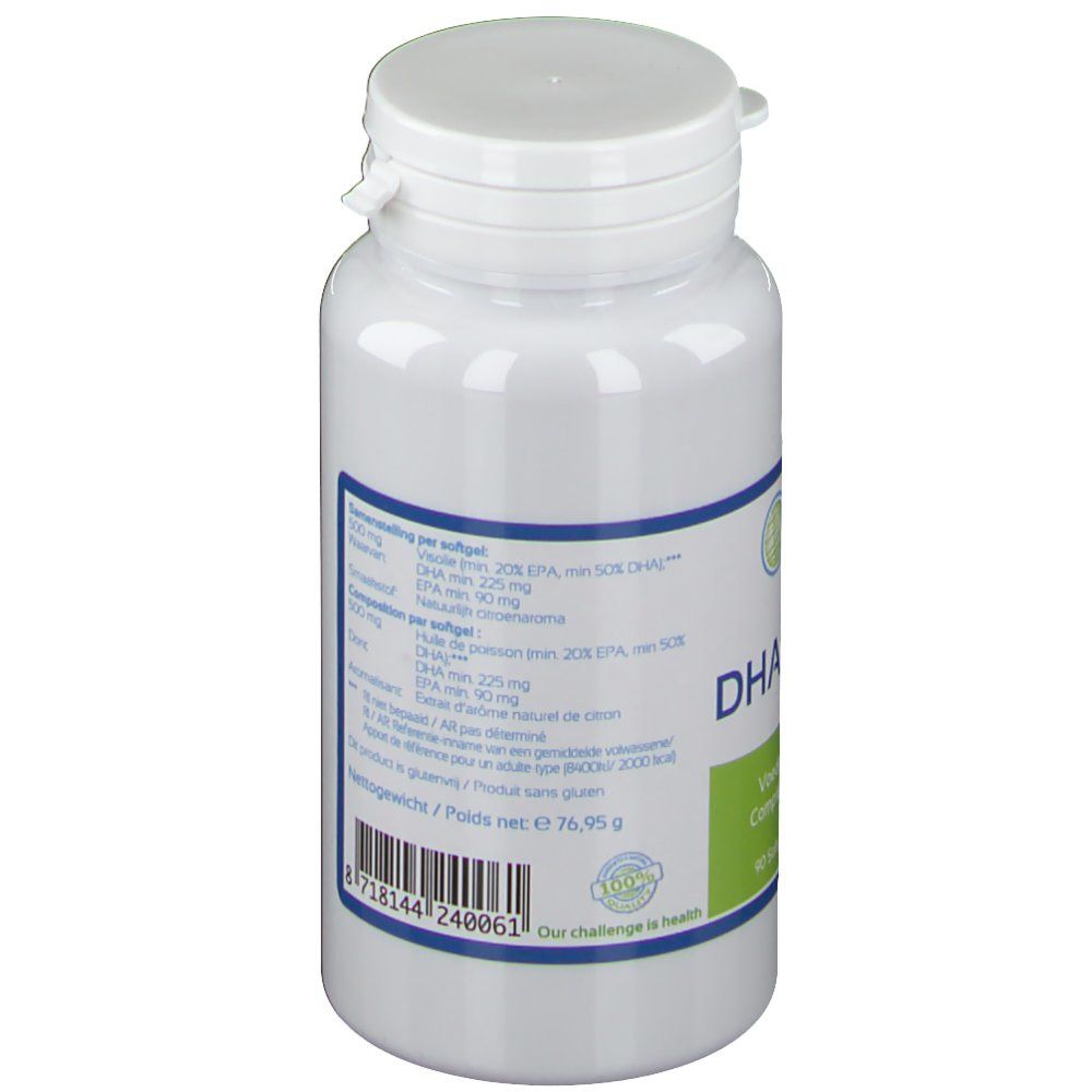 Flacon blanc avec étiquette. Contient DHA Forte. Texte multilingue. Marque : Energetica Natura.