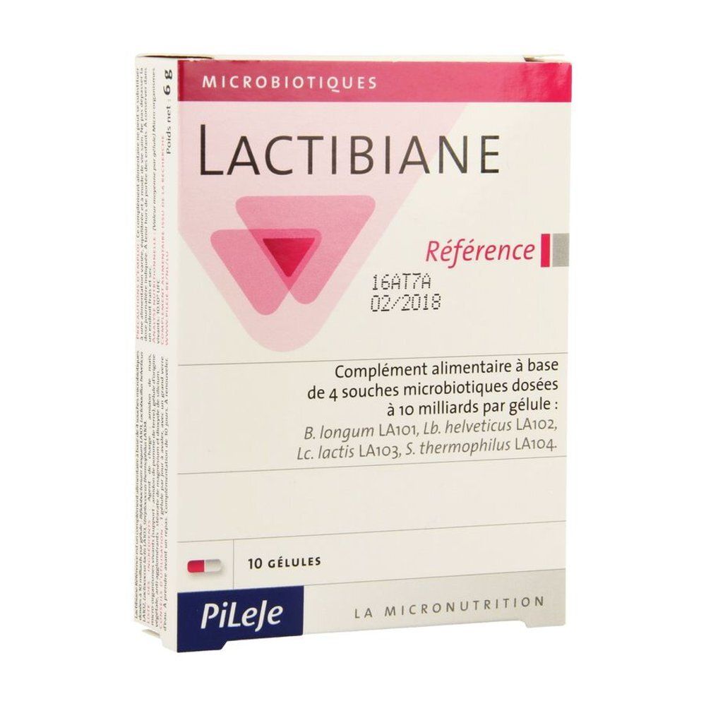 PiLeje Lactibiane Référence: Boîte de 10 gélules, complément alimentaire à base de 4 souches microbiotiques.