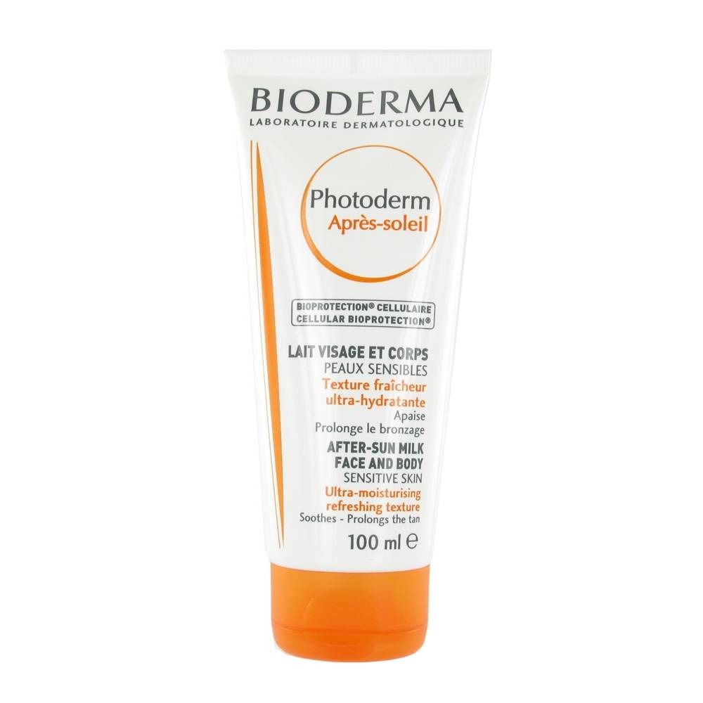 Tube blanche et orange. Inscription: BIODERMA, Photoderm Après-soleil, Lait visage et corps, peaux sensibles. 100 ml.