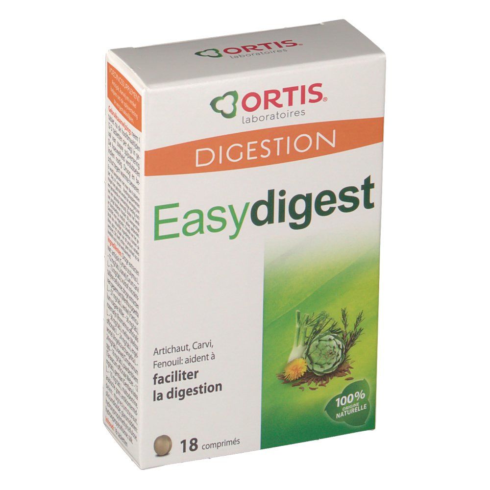 Boîte de comprimés "Easy digest". Marque "Ortis Laboratoires". Design vert et blanc avec illustration de légumes.