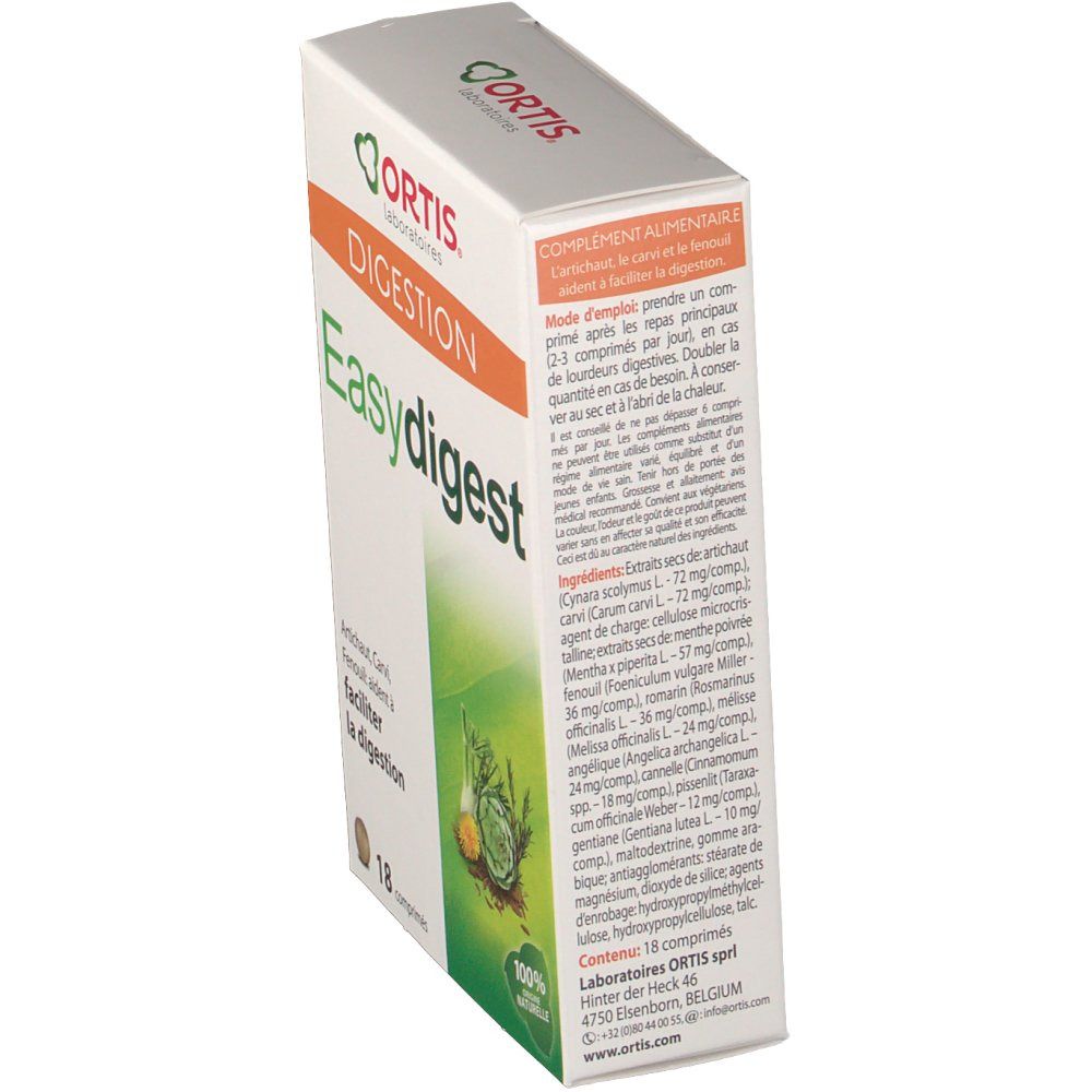 Boîte "Easy digest" avec texte et ingrédients. Logo "Ortis Laboratoires". Design vert et blanc avec illustration de légumes.
