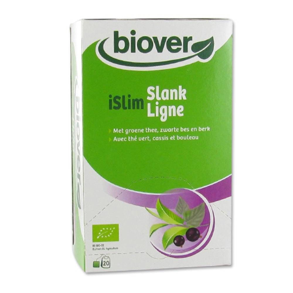 Boîte de thé aux herbes Biover Islim. Emballage vert et blanc avec logo, nom du produit et informations. Contient 20 sachets.
