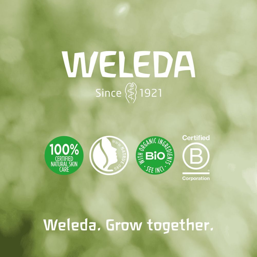 Logo Weleda et certifications cosmétiques naturelles. Soin de la peau 100% naturel, label NATRUE, ingrédients biologiques, certification B Corp.