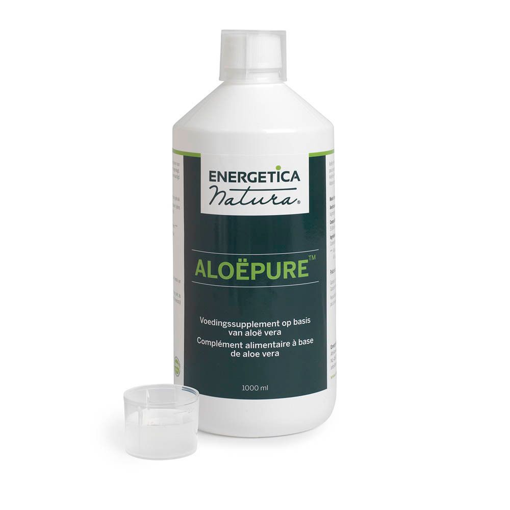 Bouteille blanche avec étiquette ALOËPURE™. Complément alimentaire à base d'aloe vera. 1000 ml. Avec gobelet doseur.