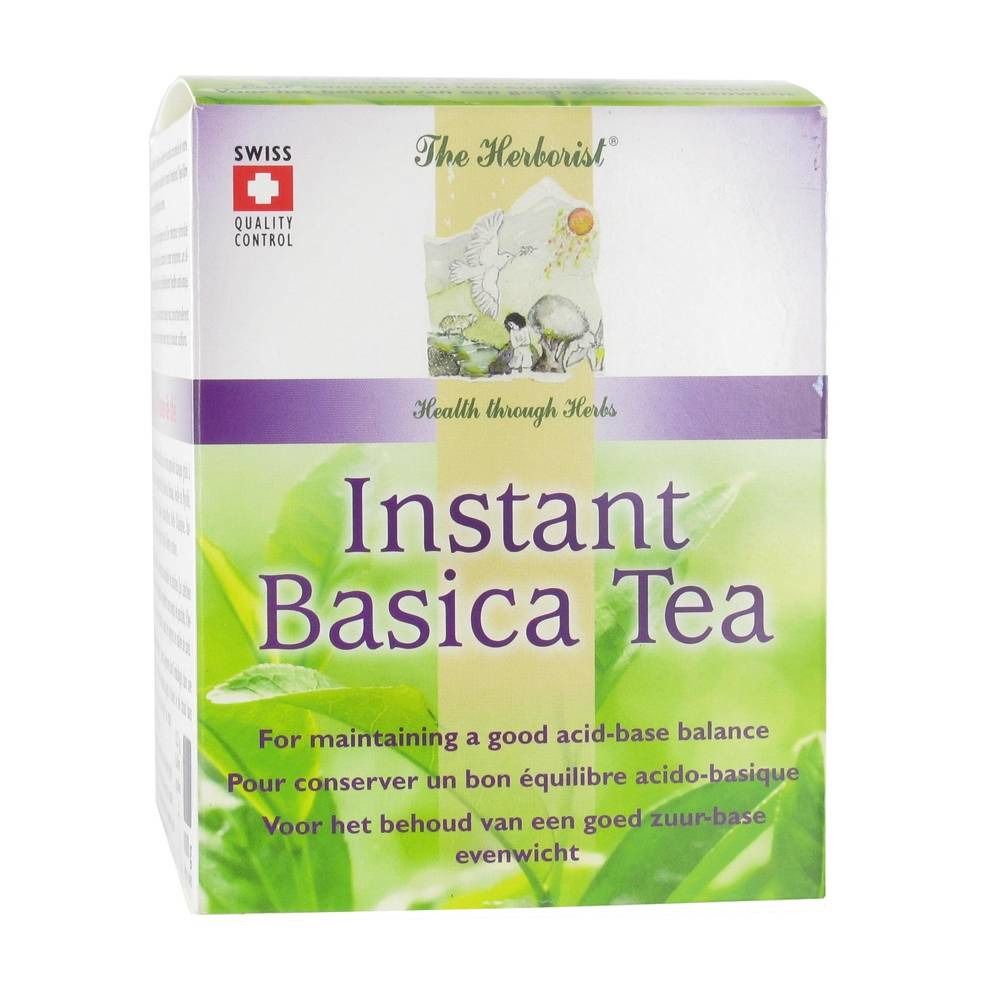 Boîte de thé Instant Basica. Contrôle qualité suisse. Inscription: Instant Basica Tea, Health through Herbs.