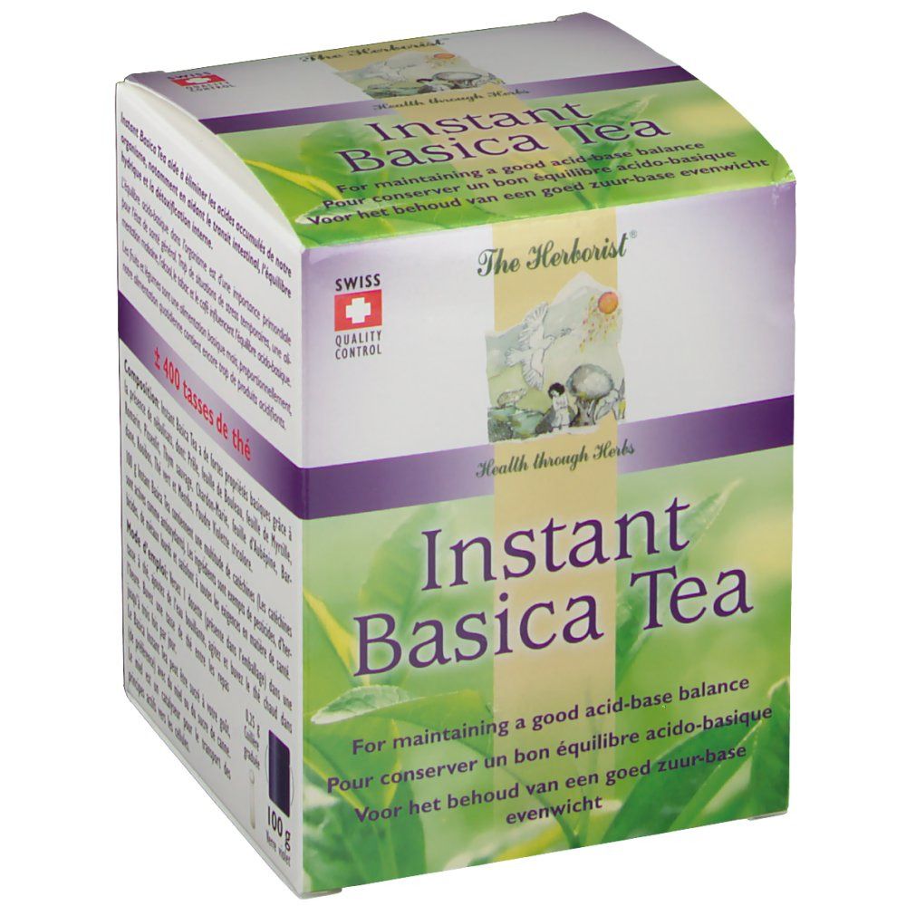 Boîte de thé Instant Basica. Contrôle qualité suisse. Inscription: Instant Basica Tea, Health through Herbs. 100g.
